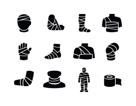 Set of medical bandages and injury support icons for healthcare and recovery