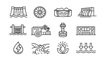 Hydroelectric Energy. Line icon set of Hydroelectric Energy: dam wall, water turbine, reservoir, spillway, hydro flow arrows, water intake gate, hydroelectric