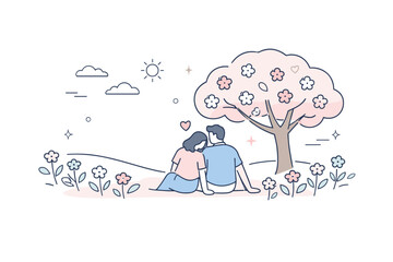 Fototapeta premium Nature and memory. A quiet scene with two people walking through a field of flowers or seated beneath a blooming tree, expressing togetherness and renewal.