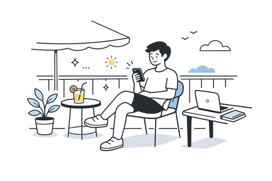 Summer breaks between work sprints. A shaded balcony scene where a person checks the phone briefly before returning to work. Light, mindful pause that supports