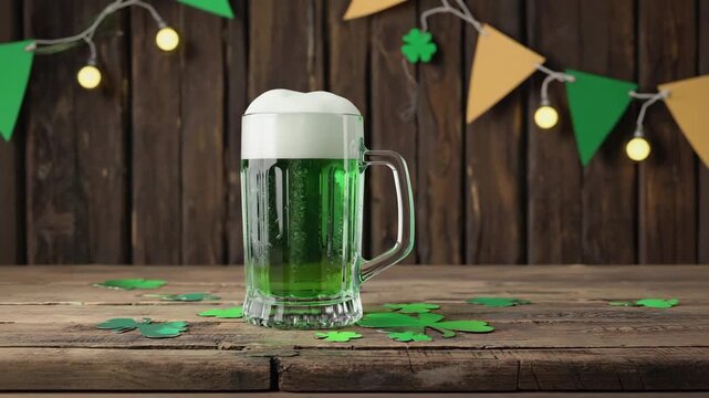 St patrick's day celebration with a mug of green beer on a rustic wooden table. Festive party background with shamrock confetti and glowing string lights for an irish holiday