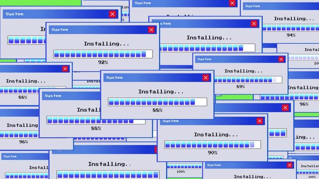 Software Installation Popup Windows with Loading Progress Bar Filling Desktop Screen Animation