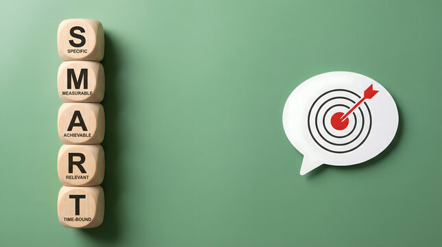 SMART goals concept: blocks spelling SMART with target and arrow icon