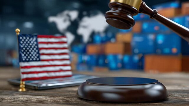 179US Trade Policy document with judge gavel and American flag, tariffs, global trade tensions, economic regulations, international relations, protectionism concept, export import res
