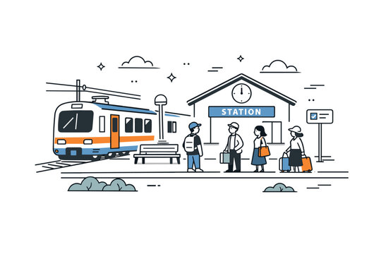 Local train station stop. A small regional station with a train waiting and a few travelers standing calmly on the platform, suggesting unhurried transit. The