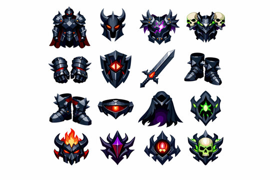 Fantasy armor. Colorful flat vector icons set of Fantasy armor: dark knight armor, black helmet, cursed chestplate, skull pauldrons, heavy gauntlets, dark