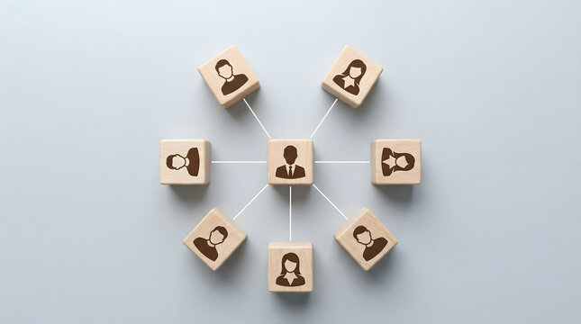 Teamwork and Connection: People Cubes Linked in Network on Gray Background