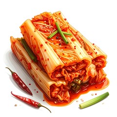 Stack of kimchi with sauce. Red peppers and green onions garnish the fermented cabbage, isolated on a white background