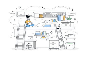 Multipurpose loft storage. A tiny home loft area shows ladders, overhead compartments, and wall-mounted shelves, with soft floating dots and abstract lines © Coosh448