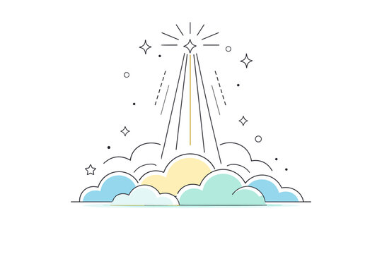 Ascension Day spiritual concept. Abstract clouds, light beams, and upward motion lines forming a serene symbolic composition without explicit figures. Quiet,