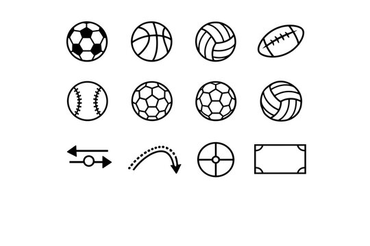 Team ball sports. Line icon set of Team ball sports: soccer ball, basketball, volleyball, rugby ball, baseball, handball, futsal ball, water polo ball, team