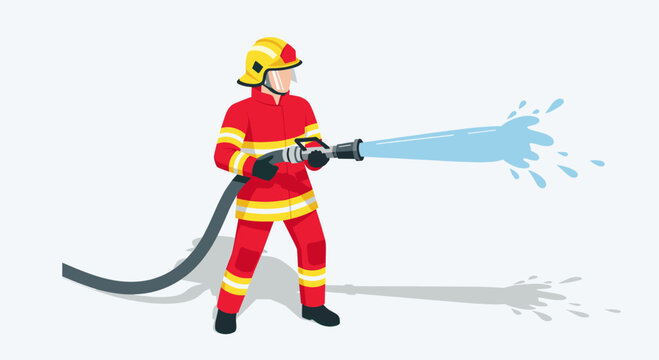 Cartoon illustration of a firefighter in full gear spraying water. Clean, flat design perfect for educational materials, safety campaigns, or children's content.