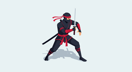 Fototapeta premium Cartoon illustration of a ninja warrior dressed in black and red, holding a katana sword in a fighting stance. Perfect for animation, gaming, and martial arts related designs.