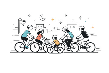 Obraz premium urban night cycling community. A group of cyclists riding together safely through a city street at night, abstract floating stars and subtle motion lines,
