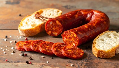 Chorizo curado en rodajas con pan rústico y granos de pimienta sobre mesa de madera