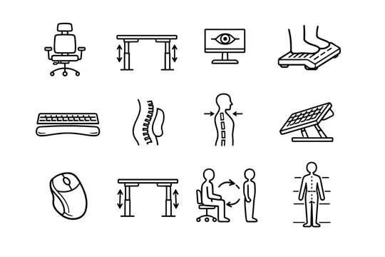 ergonomic workspace. Line icon set of ergonomic workspace: adjustable chair, standing desk, monitor eye level, footrest support, wrist rest
