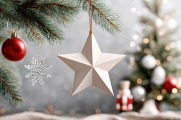 Elegant Christmas ornaments hanging on a festive tree with bokeh lights in the background