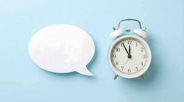 White Alarm Clock Next to Empty Speech Bubble on Blue Background
