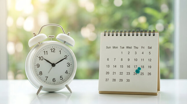 White alarm clock and calendar with pin on desk, time management concept