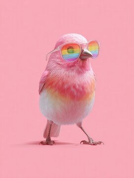 Stylish pink bird wearing rainbow sunglasses on a pastel background