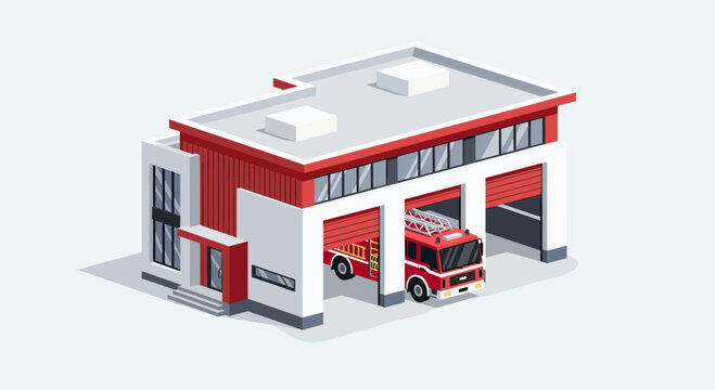 A modern fire station building with a fire engine, shown in isometric vector style. Suitable for educational materials, infographics, or urban planning designs.