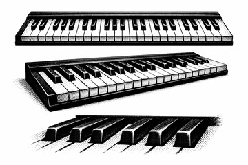 Piano keys represented as a realistic keybed section presented in horizontal view, angled three-quarter view, and tight detail view of black