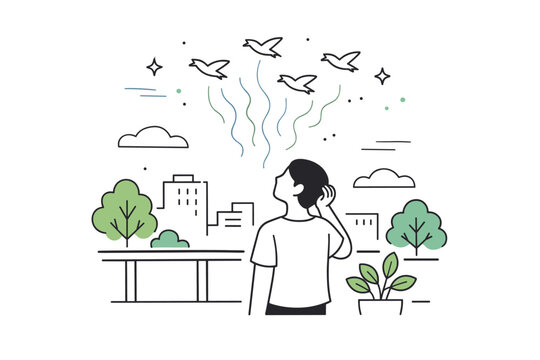 Bird sounds noticeable again. Rooftop view with birds flying lightly above buildings, a figure below noticing the sound rather than the