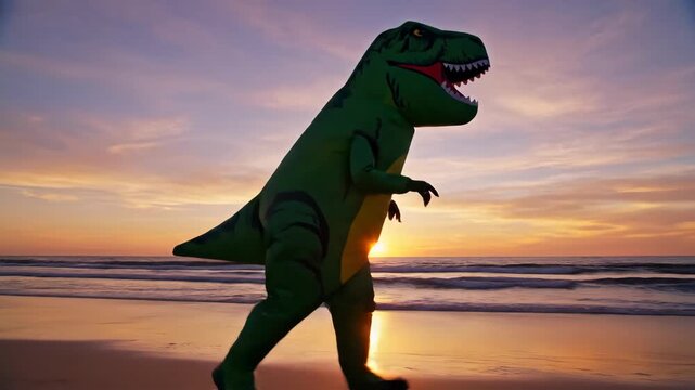 Man in green dinosaur costume on beach during golden hour. Funny inflatable tyrannosaurus character walking by ocean at sunset.