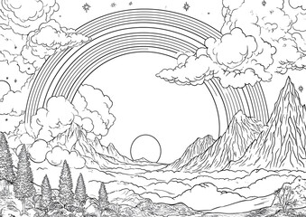 Obraz premium Hand Drawn Rainbow Landscape with Mountains and Clouds – Coloring Page