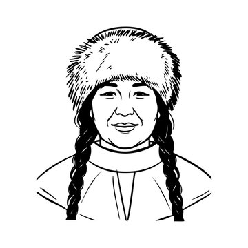 Dibujo de cara de una mujer de raza inuit con ropa de invierno y peinada con coletas