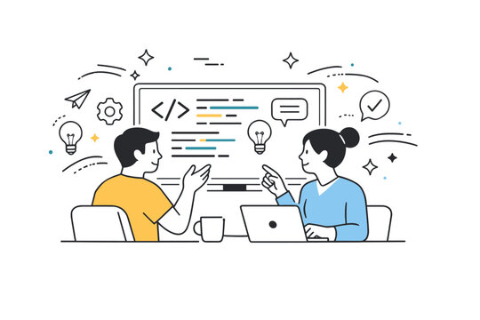 Pair programming practice. Two developers side by side at a large screen, exchanging ideas with gestures and pointing, abstract motion lines and stars around