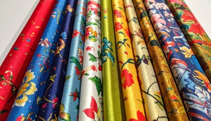 "Colorful floral satin fabric rolls arranged side by side"