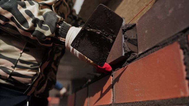 Bricklayer placing brick onto mortar layer