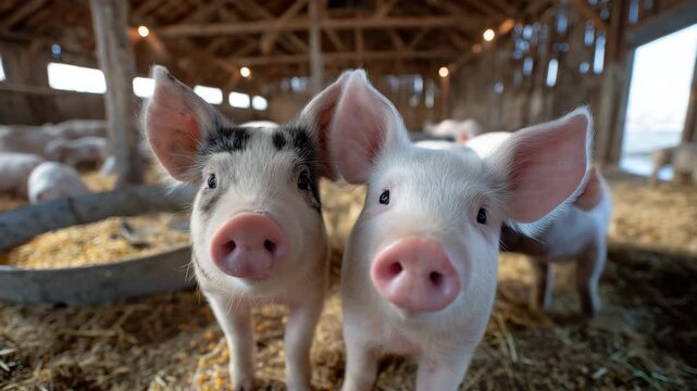 237Two pigs in a barn setting, looking towards the camera, surrounded by other pigs and a feeding trough filled with grains, wide environmental shot capturing barn interior, wooden be
