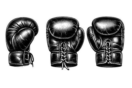 Vintage boxing gloves A vintage-style boxing glove shown in three views emphasizing worn leather texture, stitching, and rounded padding