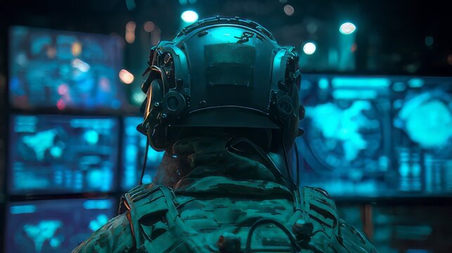 Command or war room filled with blue lit displays showing maps and global data points. Military operations center soldier in tactical gear is monitoring data on large screens. Modern, tech-driven war