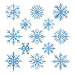 Collection of blue snowflakes scattered randomly isolated on transparent background