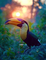 Obraz premium A bird with a black and yellow beak is standing in a forest