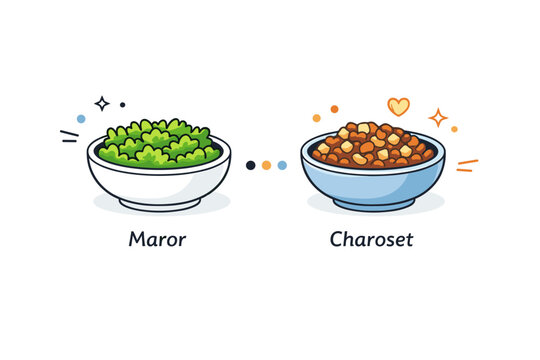 Passover symbolic foods close-up. A focused view of maror and charoset side by side, emphasizing contrast between bitterness and sweetness, simple bowls and