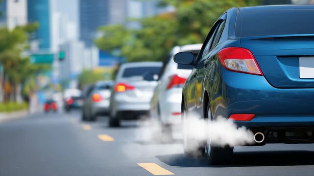 257Traffic jam with vehicles emitting exhaust smoke on a congested road, close up, front-view close-up of tailpipe releasing smoke, bumper and tire details visible, background blurred