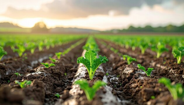 FlyPro Firefly Rows of Young Organic Kale Sprouts Emerging from Damp Soil Showcasing Resilience and New Growth Detailed Photographic