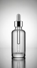 Clear glass dropper bottle on reflective surface against gradient background