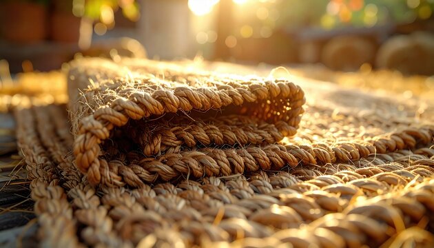 Intricate weaving of thick, uncolored natural fibers creating a dense, sturdy mat, realistic photography style, warm aft