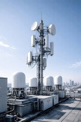 Rooftop telecom antennas and radomes against a city skyline, showing modern RF infrastructure used for monitoring and electronic warfare