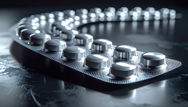FlyPro Firefly Shiny Foil Blister Packs of Pills Arranged in a Sweeping Curve on Dark Reflective Surface