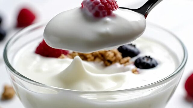 Healthy breakfast yogurt with fresh berries and crunchy granola in a bowl, spoon scooping