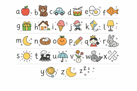Alphabet Phonics Chart. Alphabet phonics chart. Rows of letters paired with small visual symbols representing sounds. The illustration conveys simplicity,