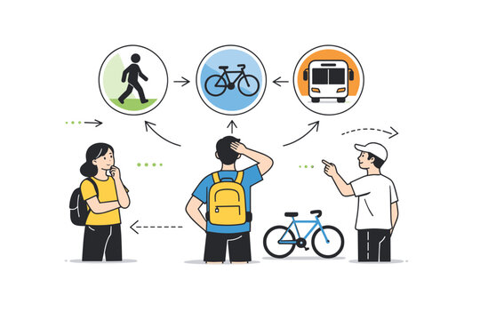 Everyday transportation choices. Individuals selecting between walking, cycling, and transit icons. Friendly editorial scene showing flexibility and personal
