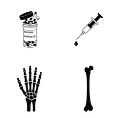 Black silhouette medical and skeleton icons set with syringe and pills isolated on white background