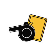 Black referee whistle and yellow penalty card vector icon for soccer sport design